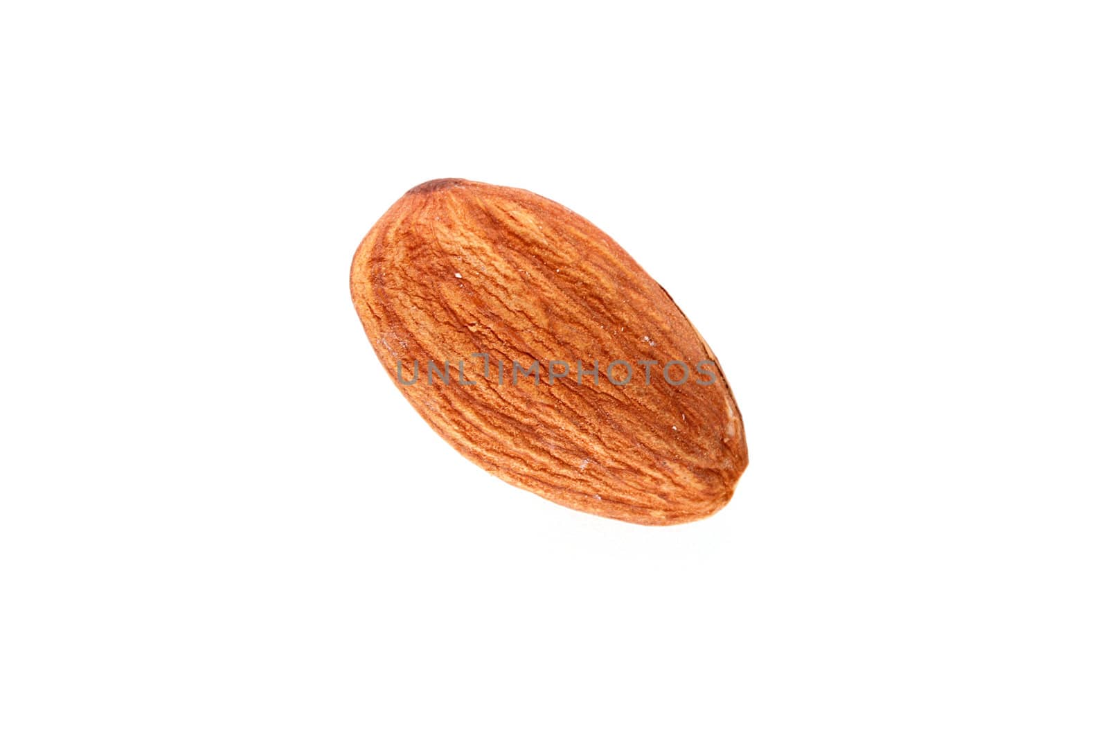 Close up of an almond nut on a white background.