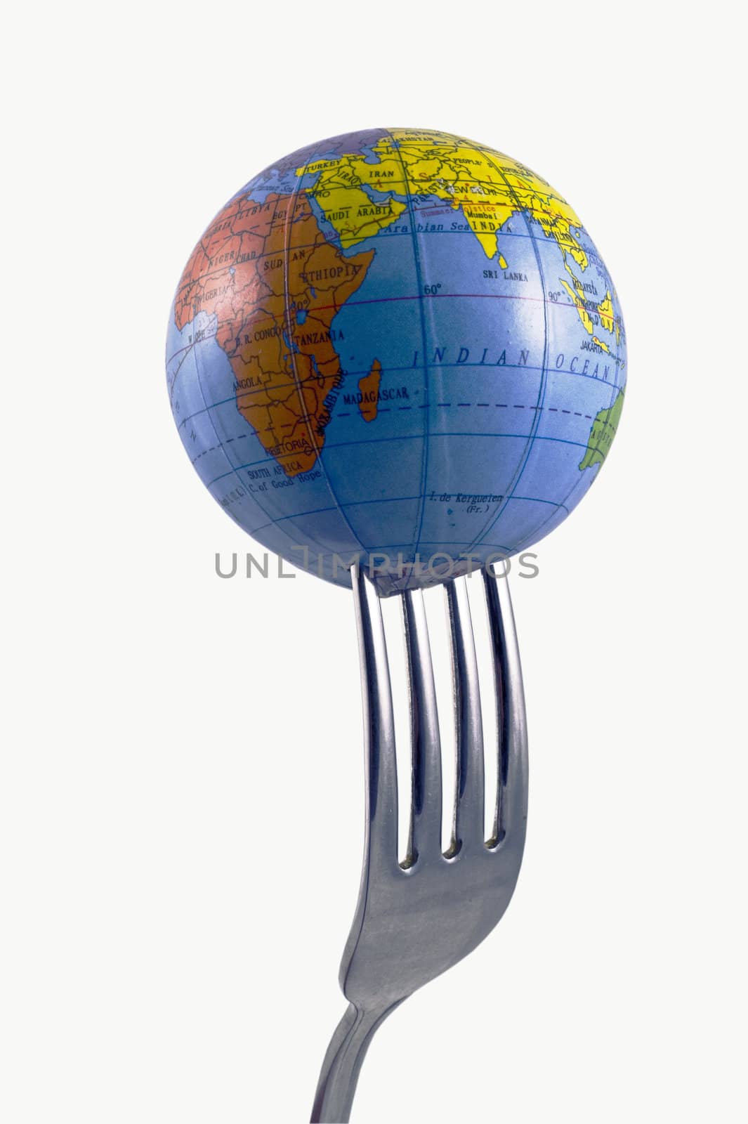 Fork and globe taken es isolated clouse up