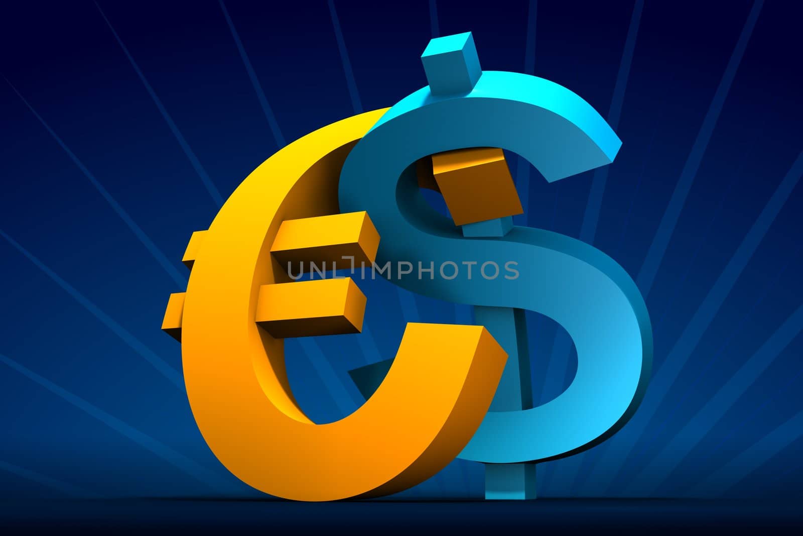 Rendered Dollar and Euro symbols embrace on dark-blue with rays on back