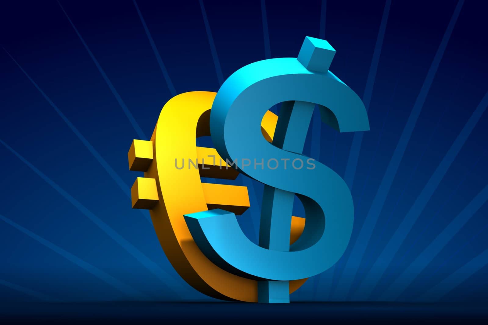 Rendered rising Dollar and Euro symbols on dark-blue with rays on back