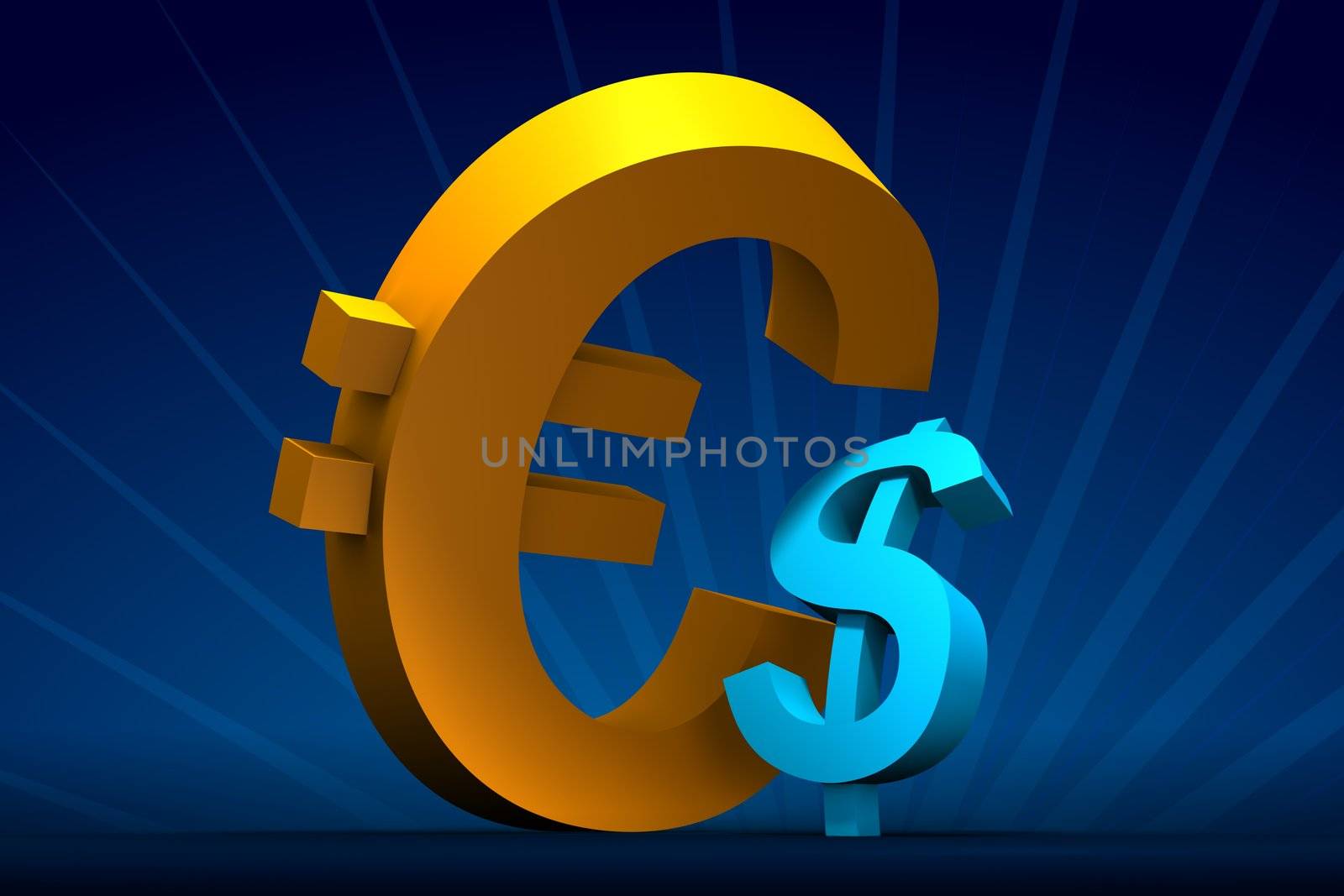 Rendered small Dollar and big Euro on dark-blue with rays on back