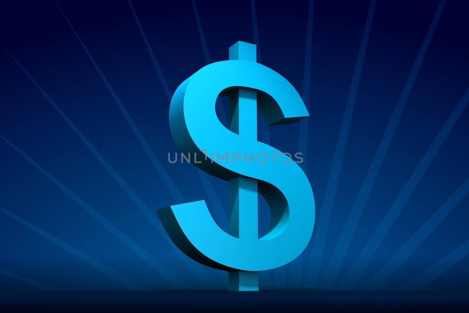 Rendered blue Dollar symbol on dark-blue with rays on back