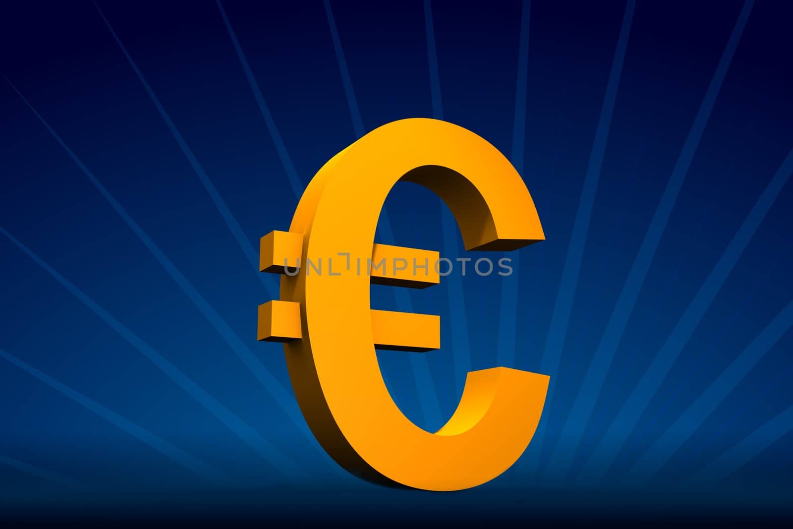 Rendered yellow Euro symbol on dark-blue with rays on back