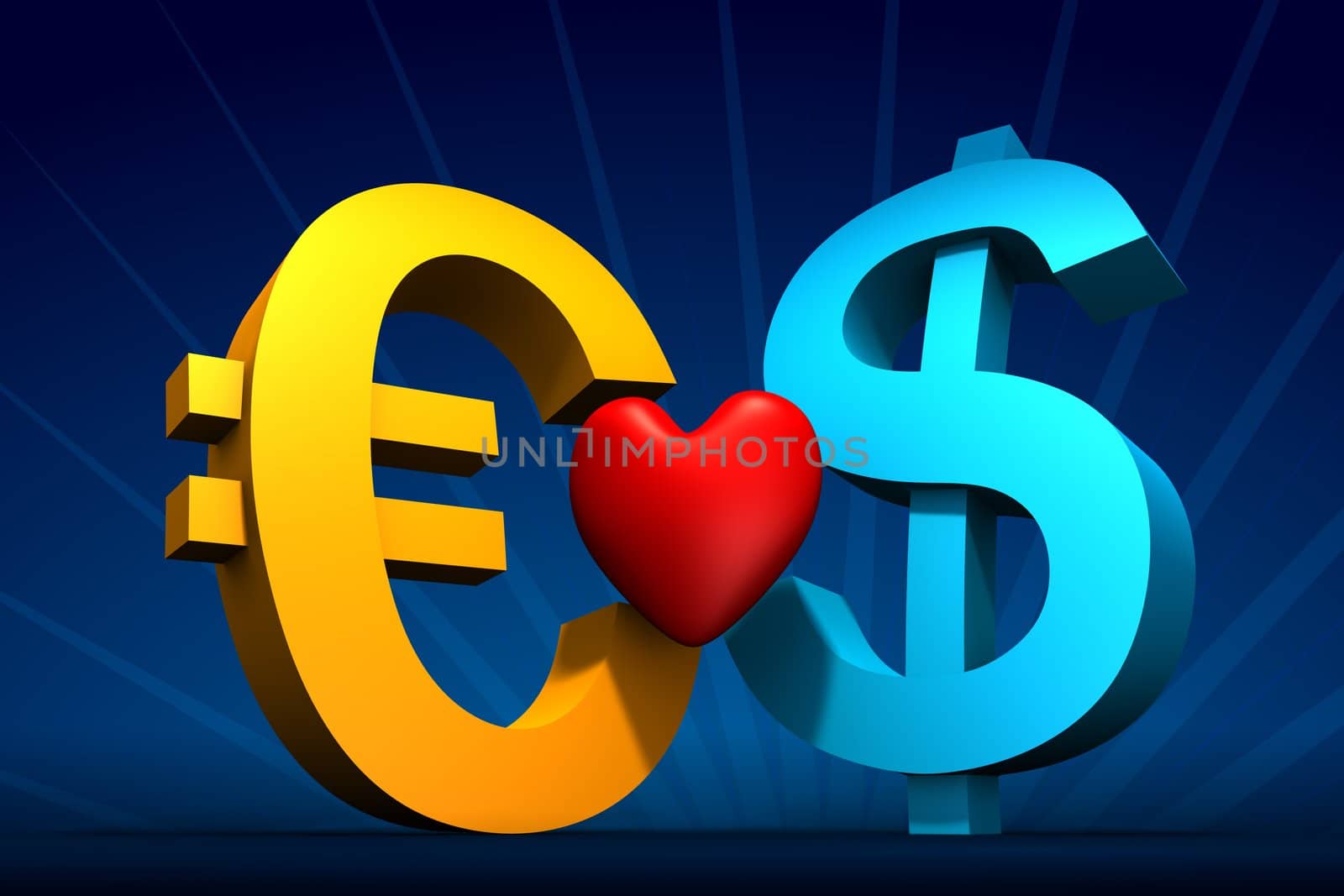 Rendered blue Dollar and yellow Euro symbols with red heart on dark-blue with rays on back