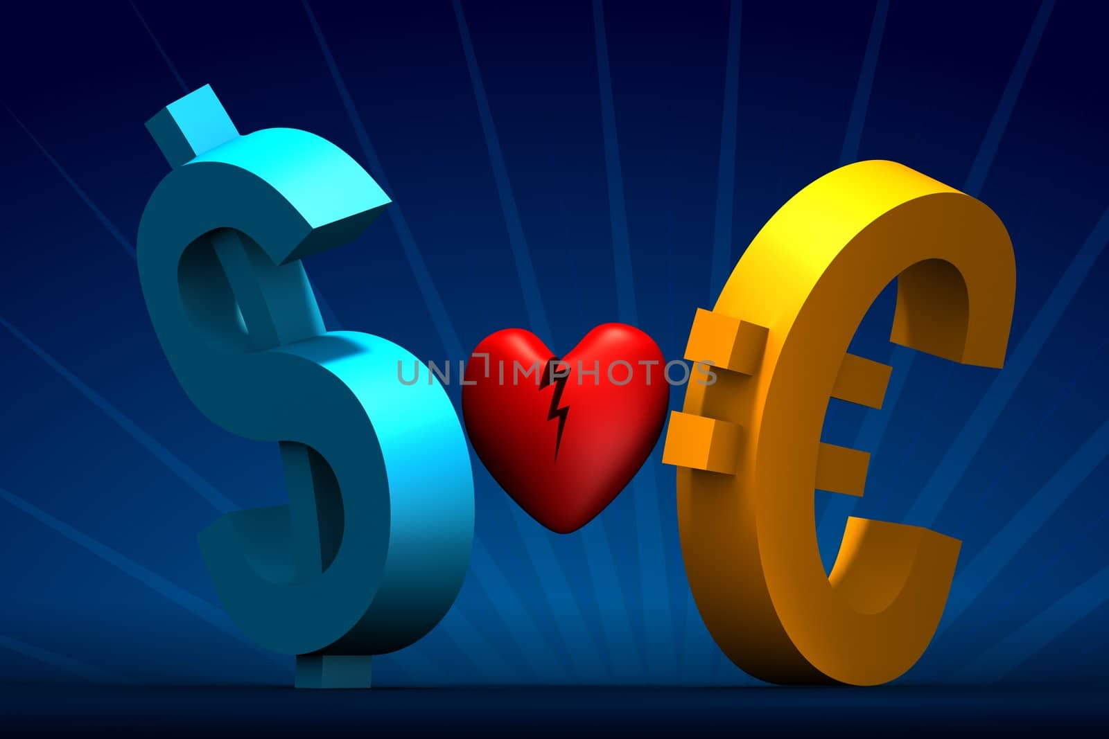 Rendered blue Dollar and yellow Euro symbols with red broken heart on dark-blue with rays on back