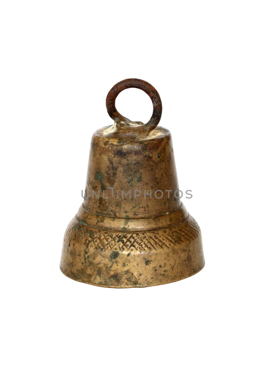 Ancient brass bell isolated on white background with clipping path