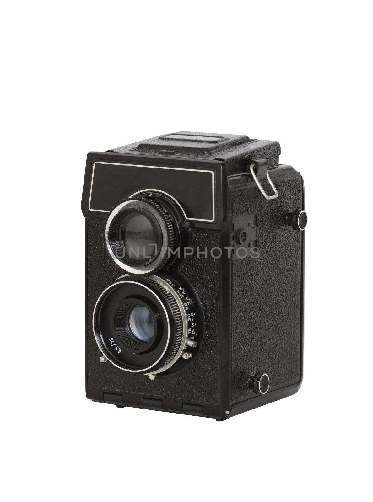 Old film manual photo camera isolated on white with clipping path