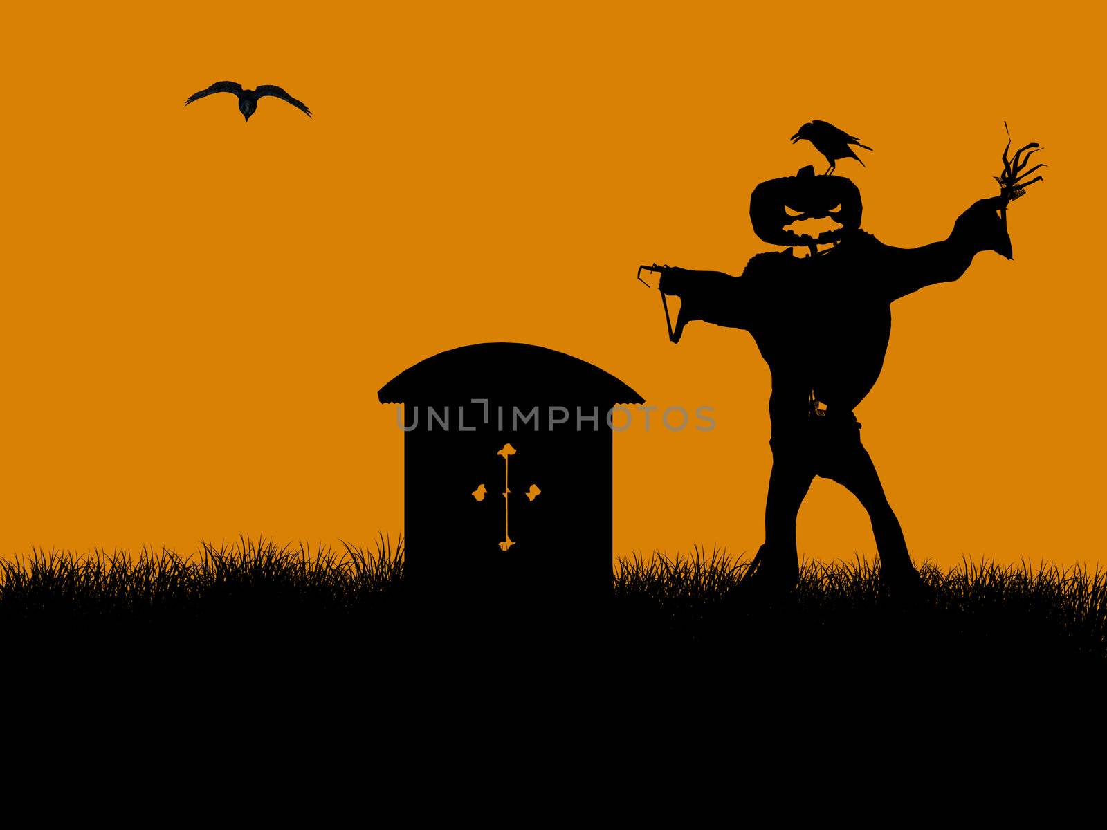 A  black halloween illustration silhouette on an orange background