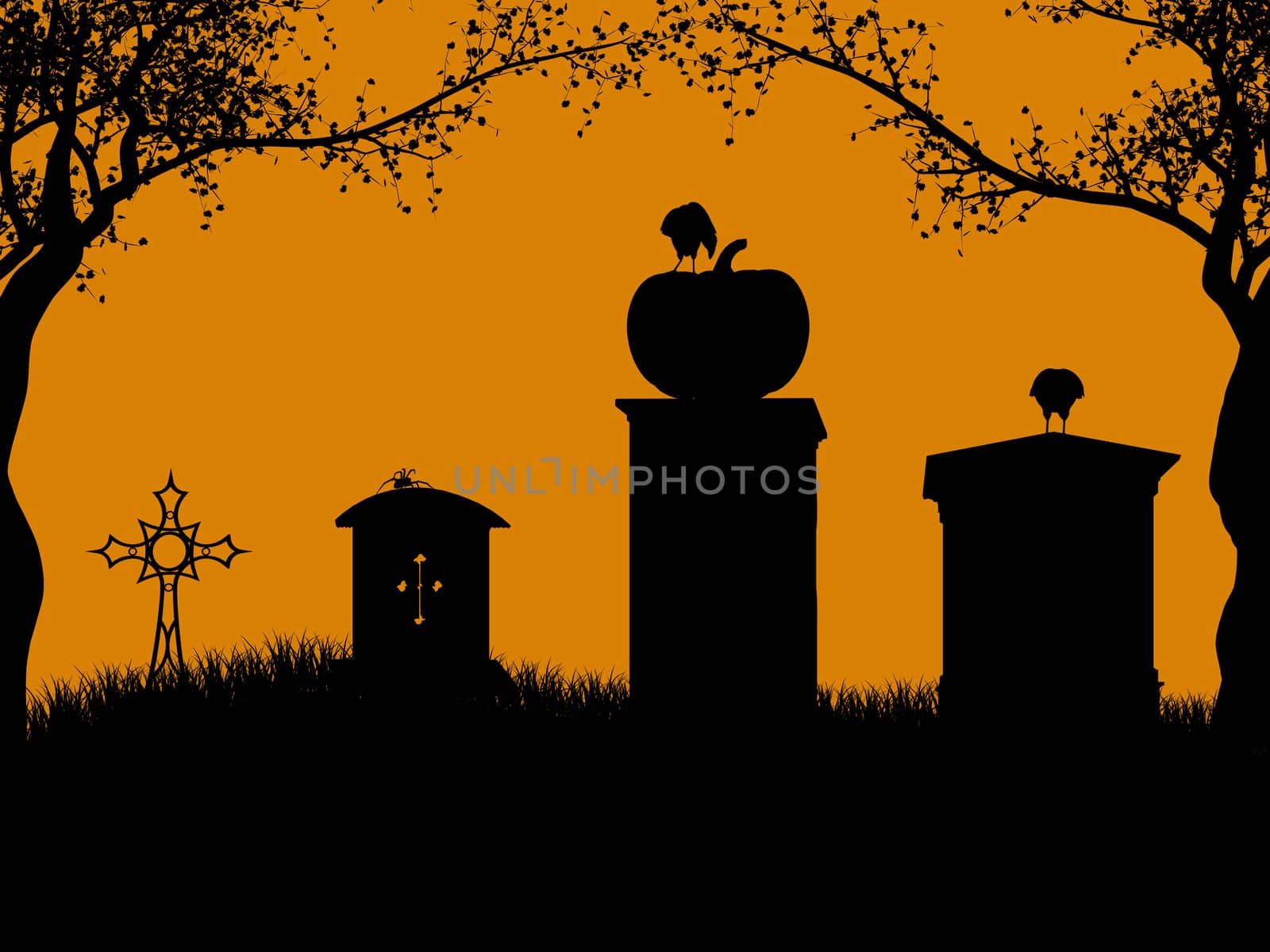 A  black halloween illustration silhouette on an orange background