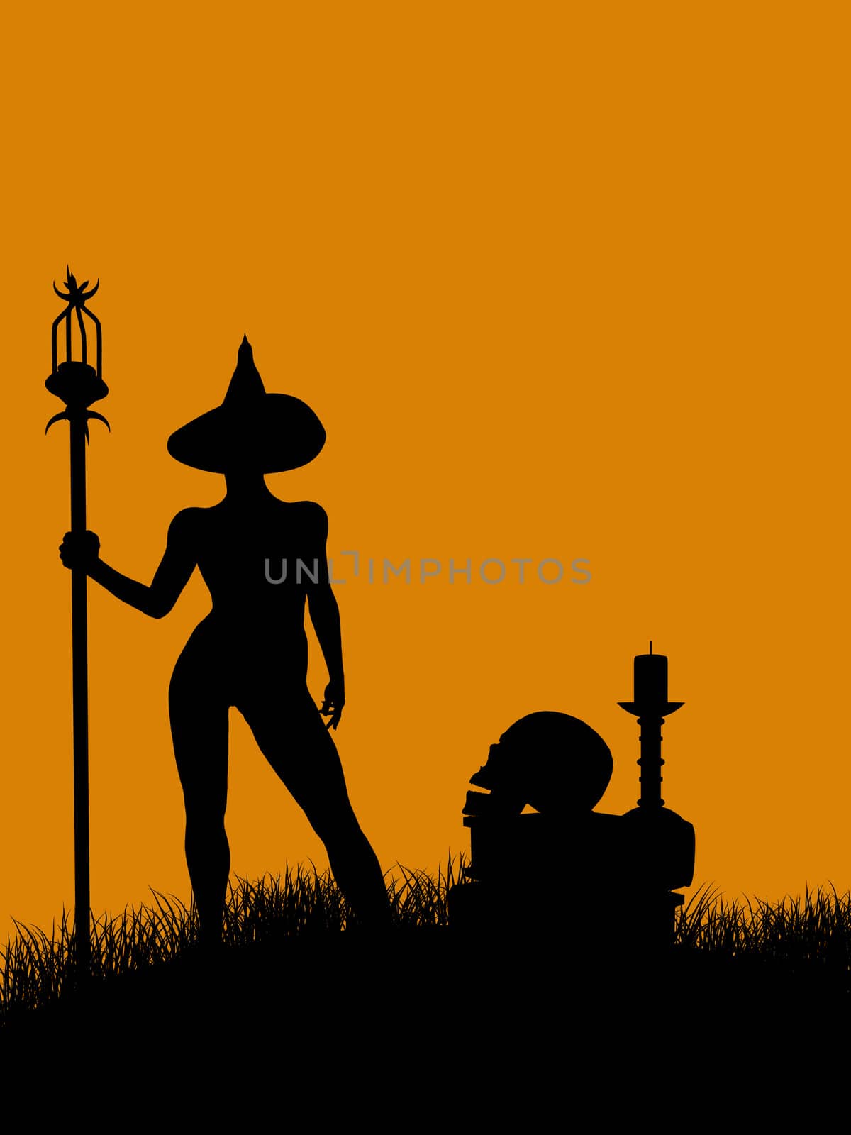 A  black halloween illustration silhouette on an orange background