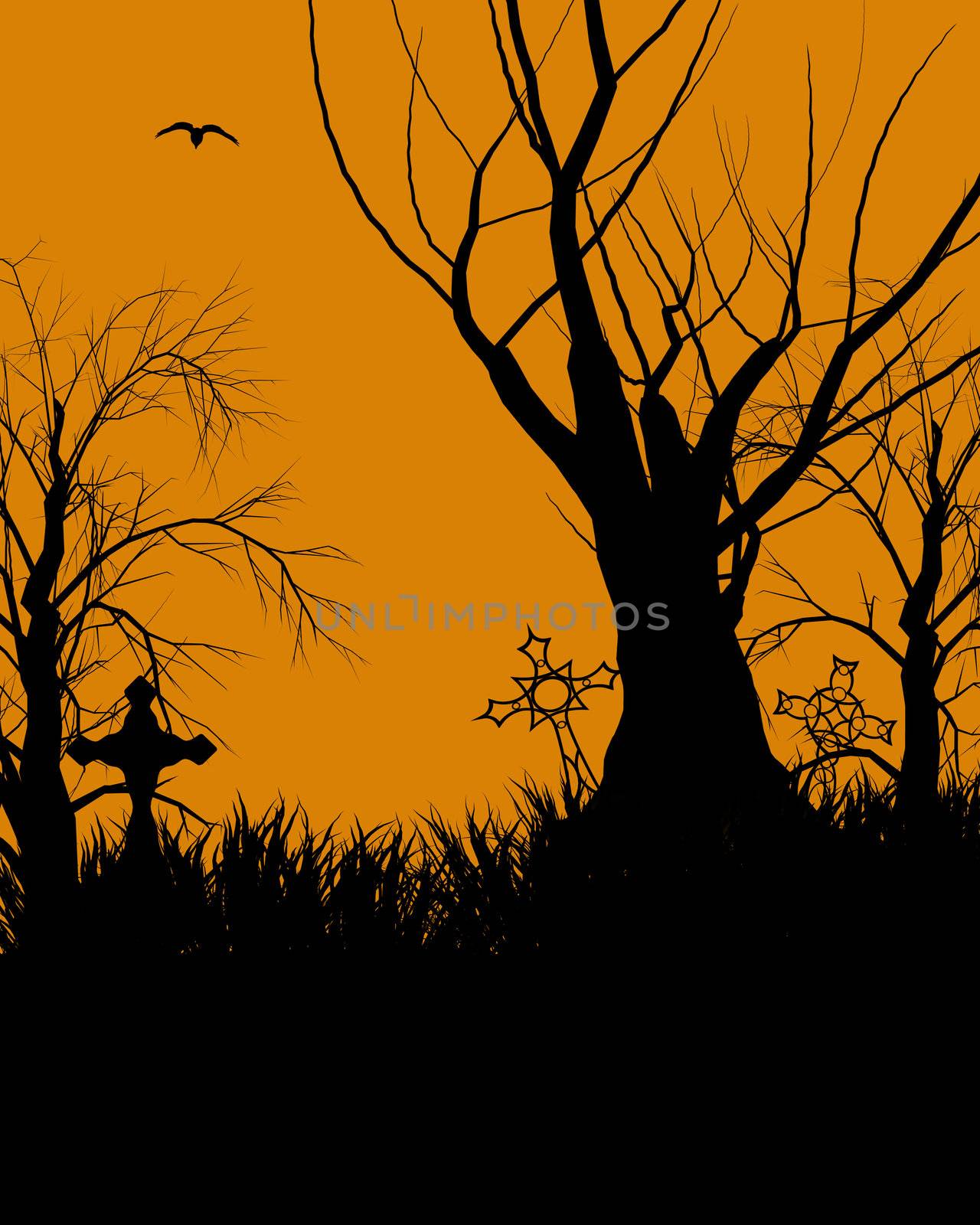 A  black halloween illustration silhouette on an orange background