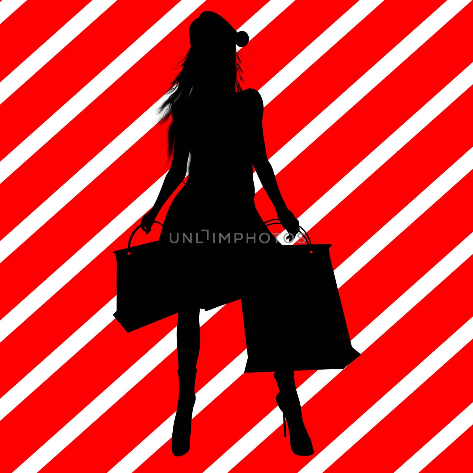 A  black christmas illustration silhouette on an red and white background