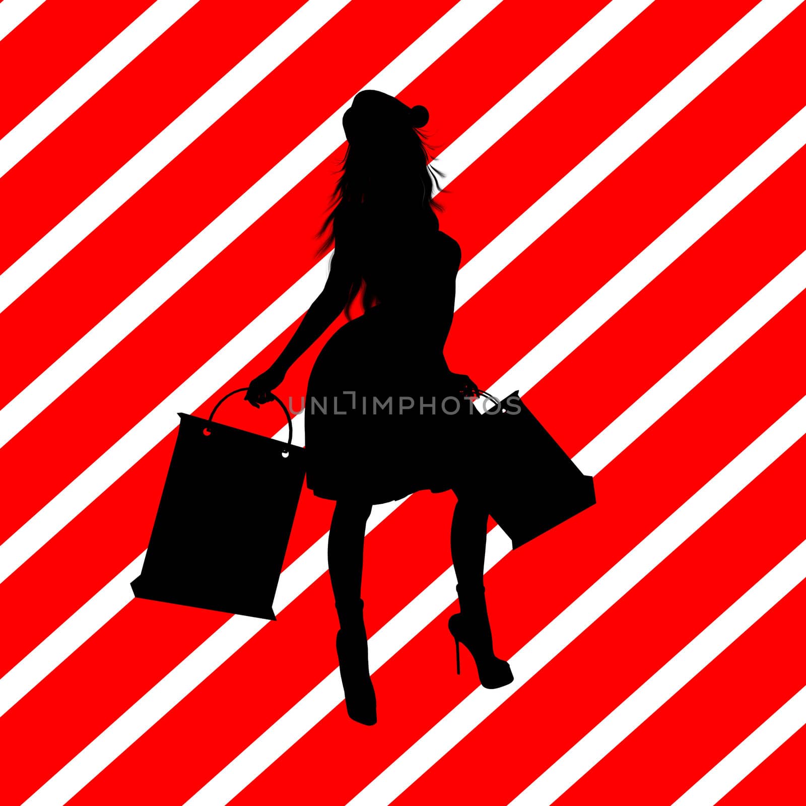 A  black christmas illustration silhouette on an red and white background