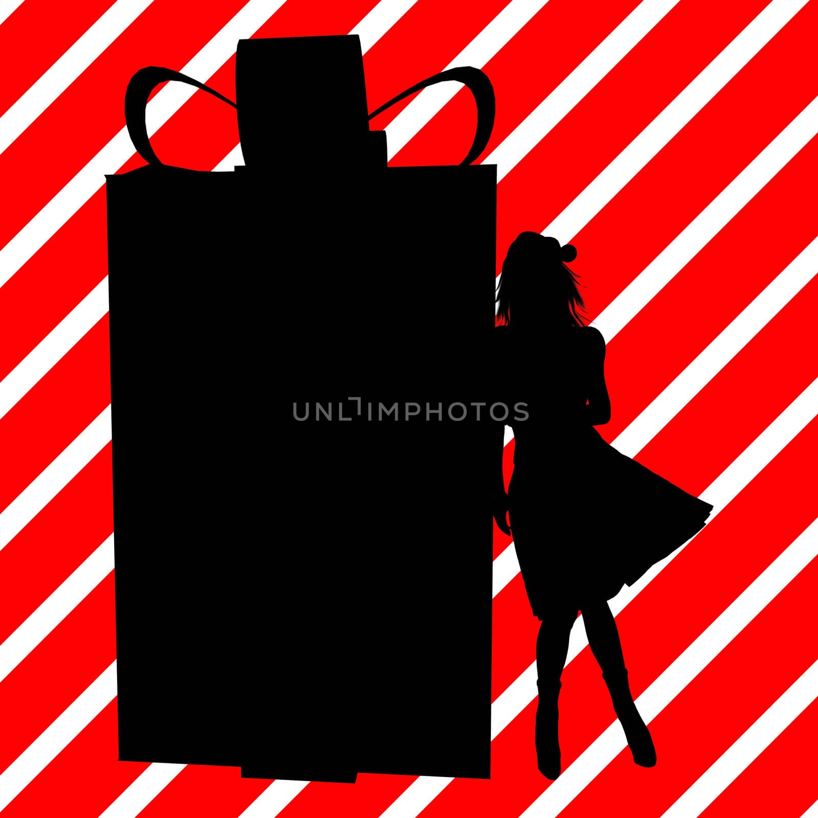 A  black christmas illustration silhouette on an red and white background