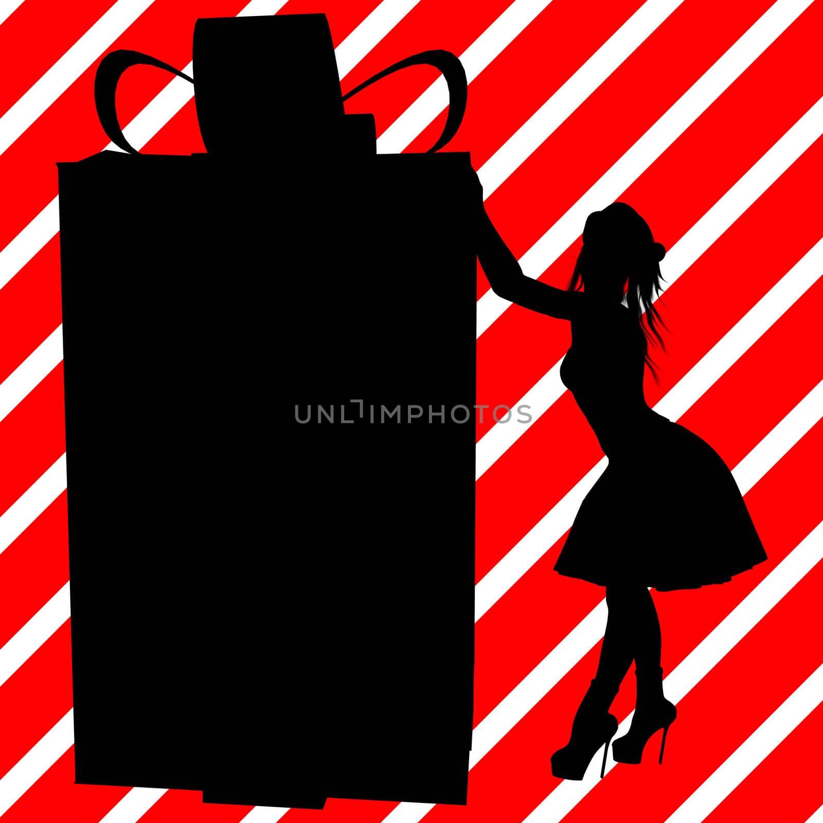 A  black christmas illustration silhouette on an red and white background