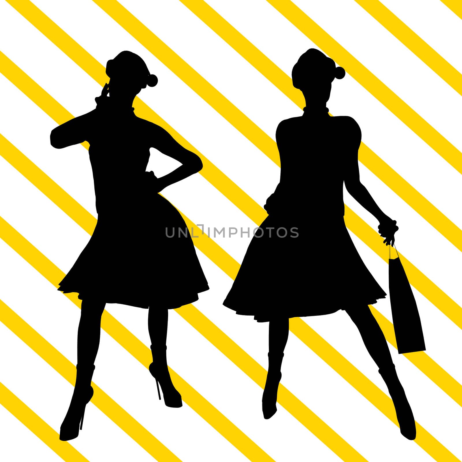 A  black christmas illustration silhouette on an yellow and white background