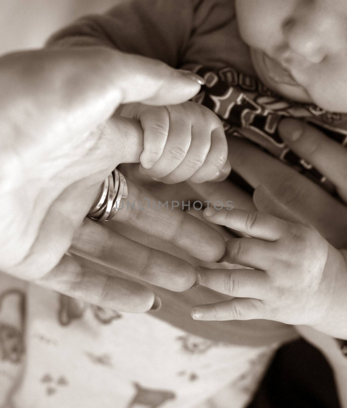 The image of hands of parents and the child