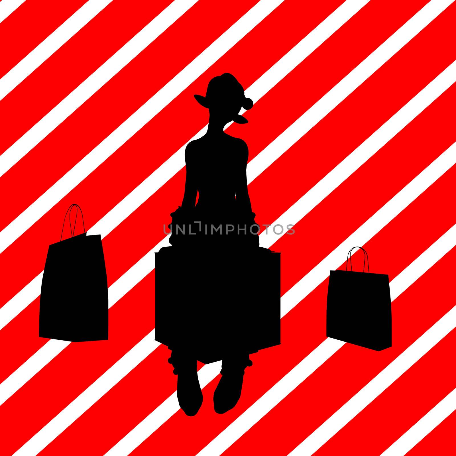 A  black christmas illustration silhouette on an red and white background