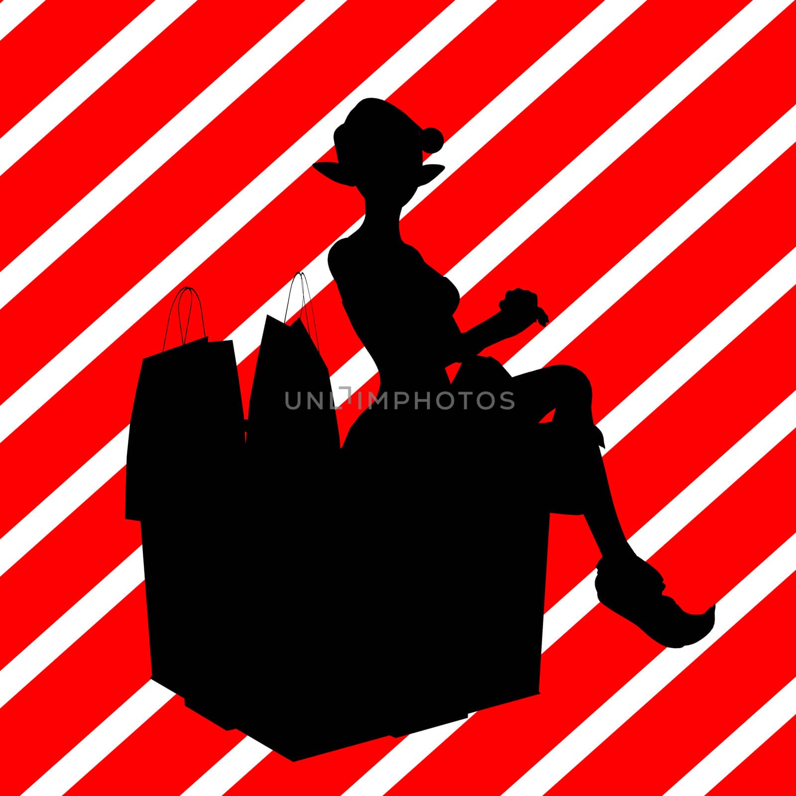 A  black christmas illustration silhouette on an red and white background