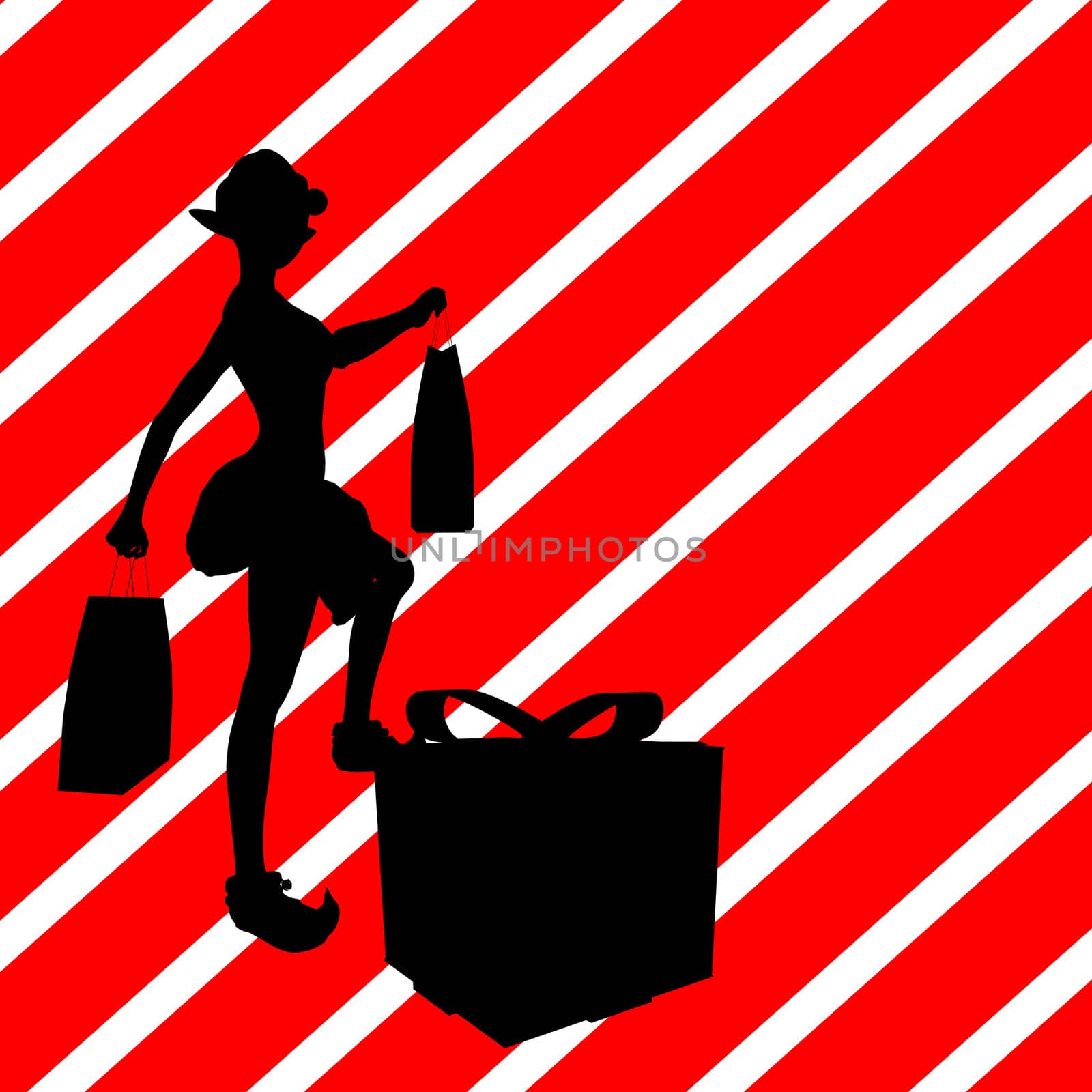 A  black christmas illustration silhouette on an red and white background