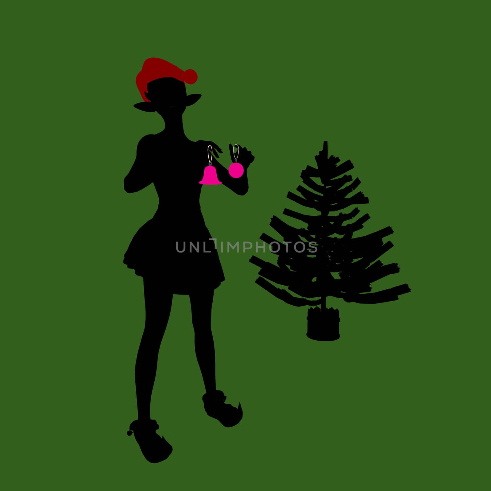 A  black christmas illustration silhouette on an red and white background