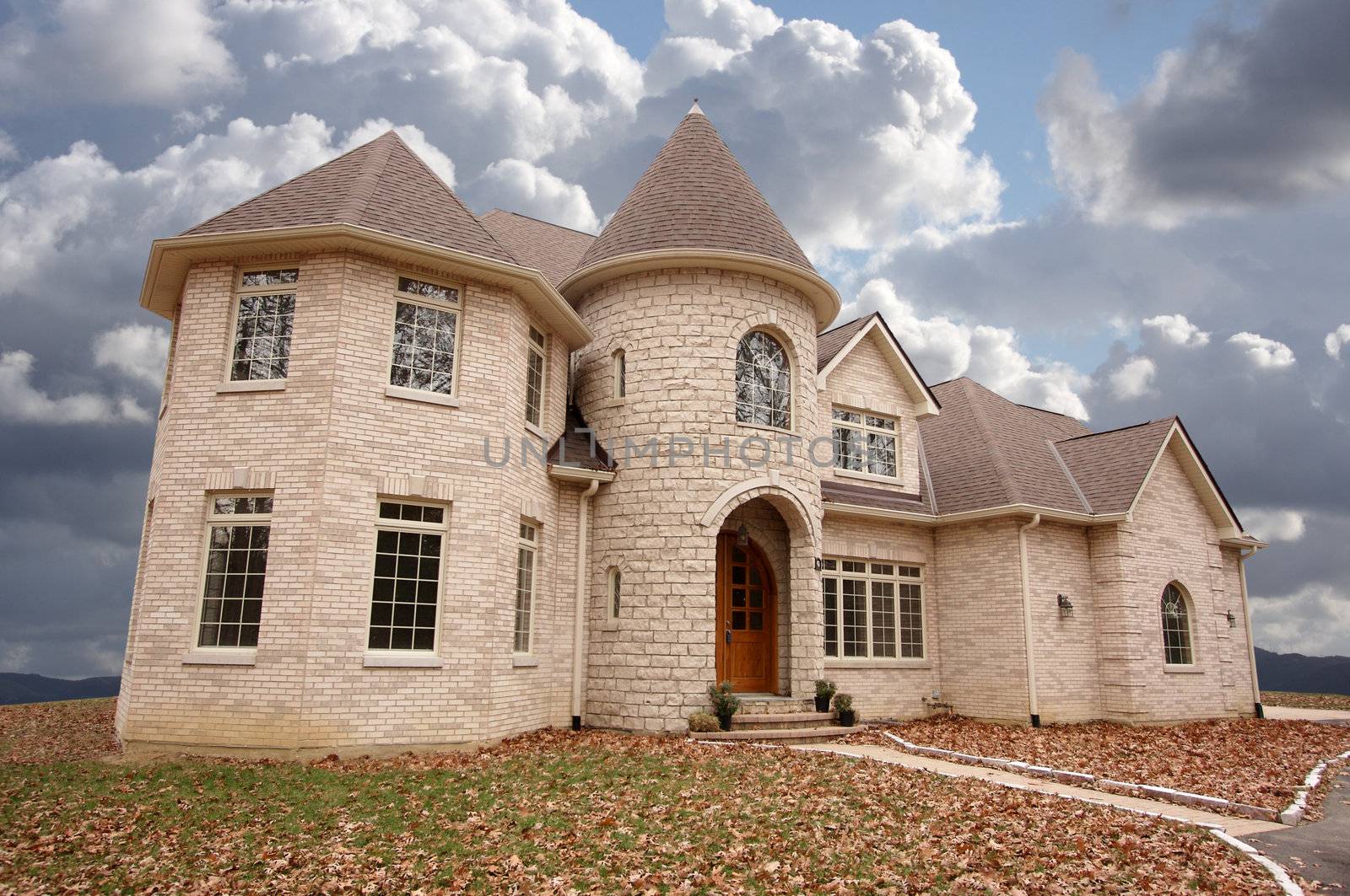 Majestic Newly Constructed Home Facade on a Blustry Day