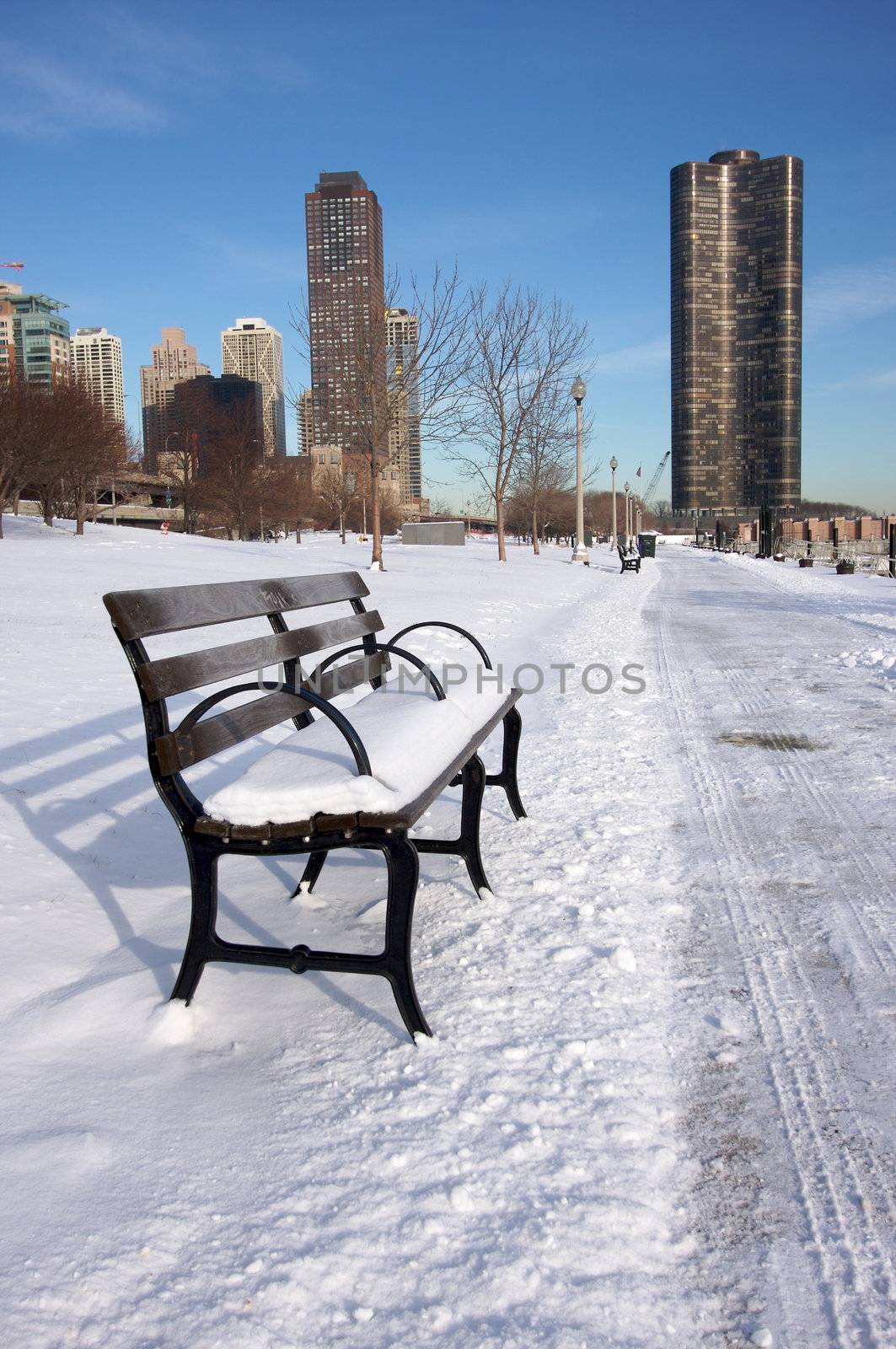 Empty Snowy Bench in Chicago by Feverpitched