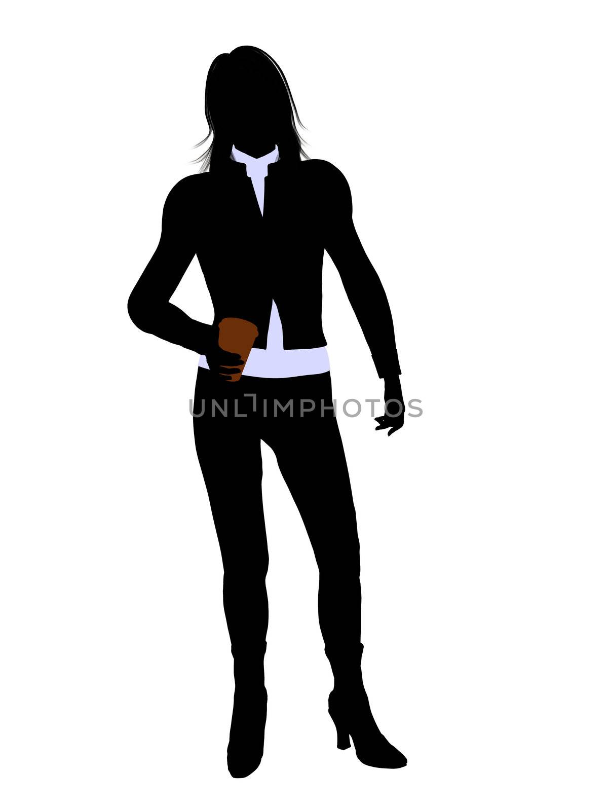 Female business executive silhouette holding a coffee cup on a white background