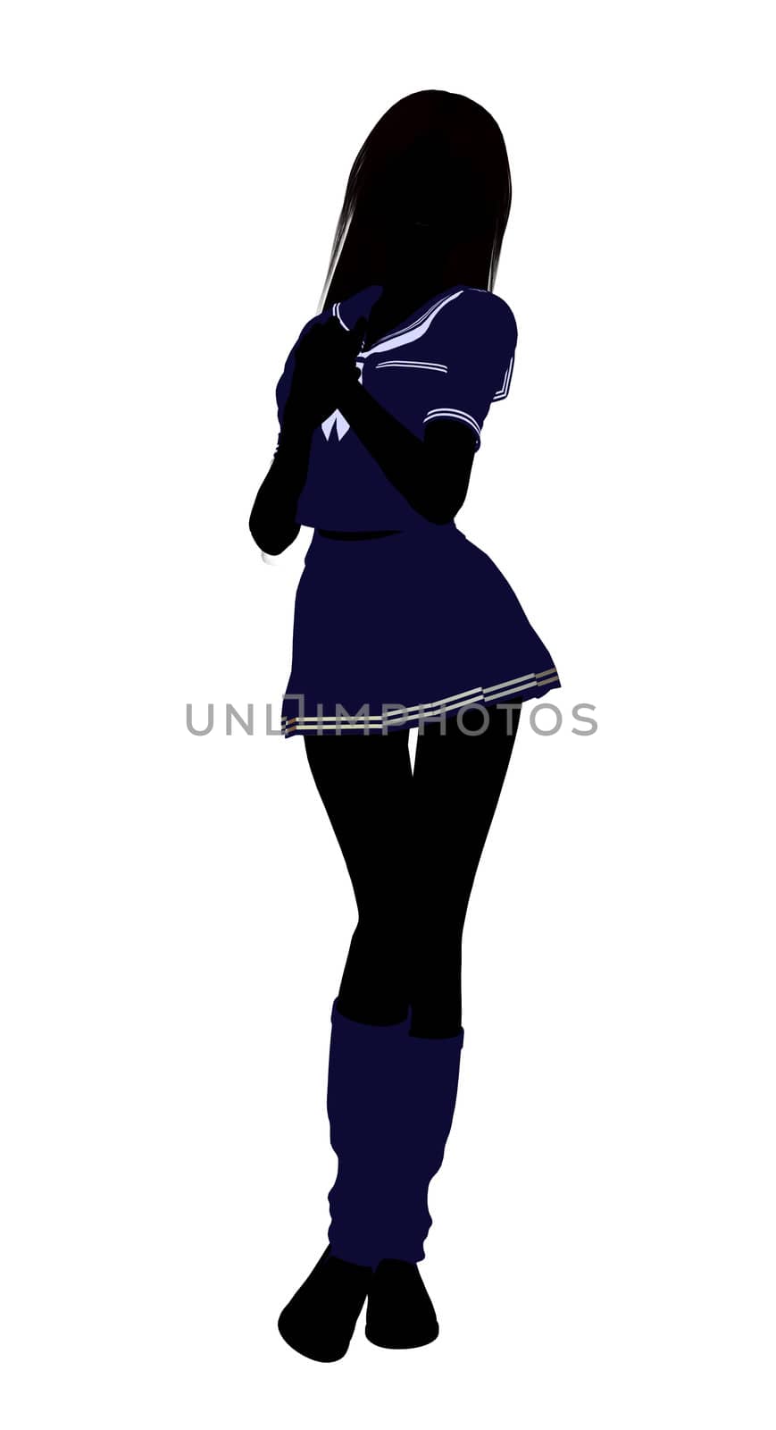 A girl silhouette dressed in a blue outfit on a white background