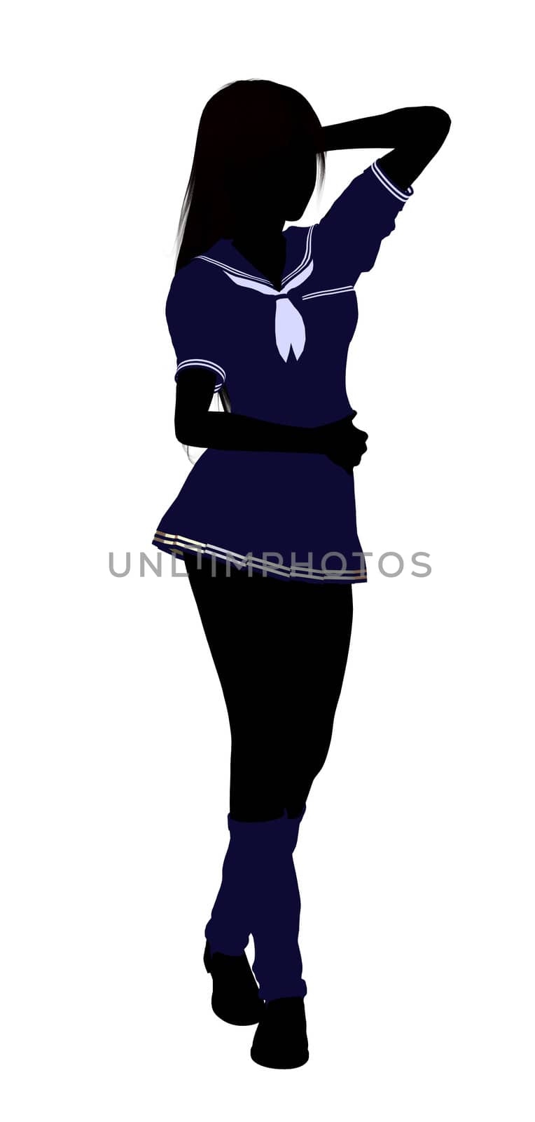 A girl silhouette dressed in a blue outfit on a white background