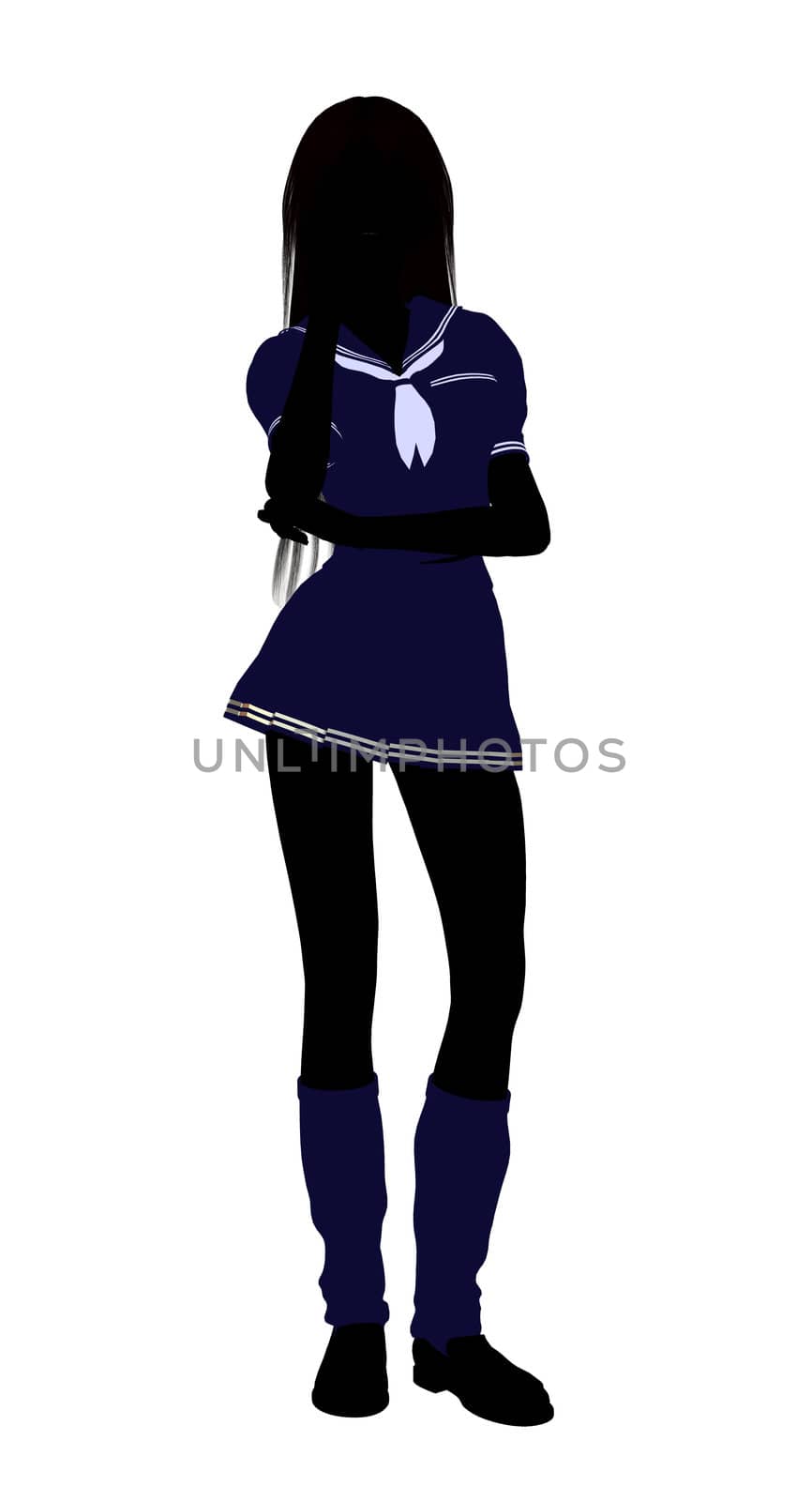 A girl silhouette dressed in a blue outfit on a white background