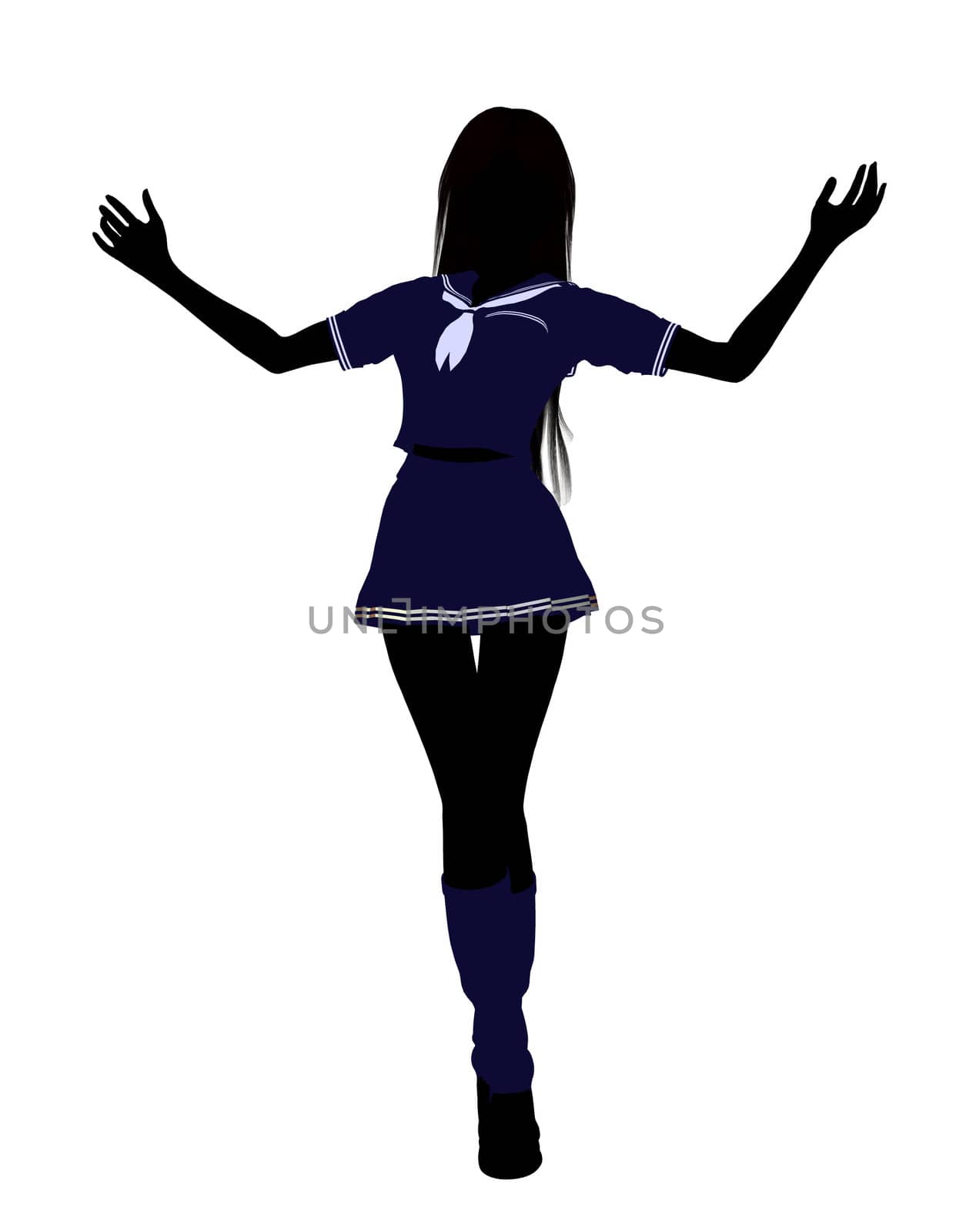 A girl silhouette dressed in a blue outfit on a white background