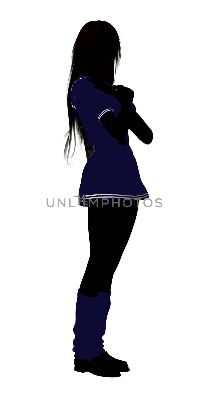 A girl silhouette dressed in a blue outfit on a white background