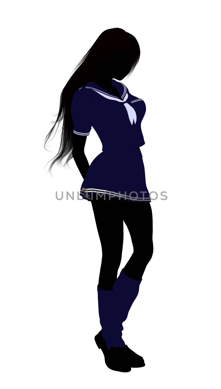 A girl silhouette dressed in a blue outfit on a white background