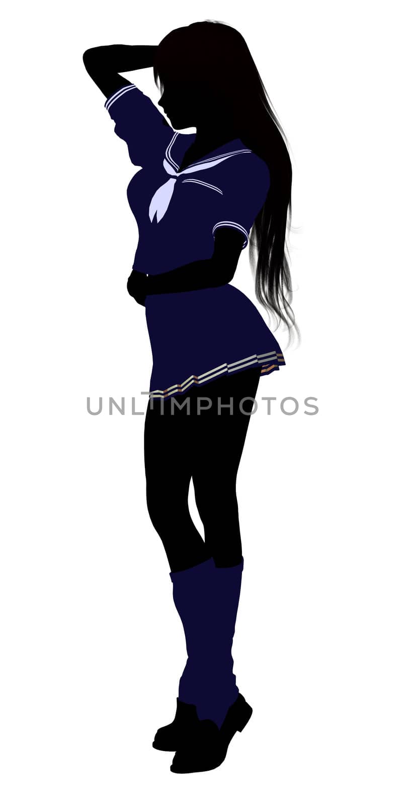 A girl silhouette dressed in a blue outfit on a white background