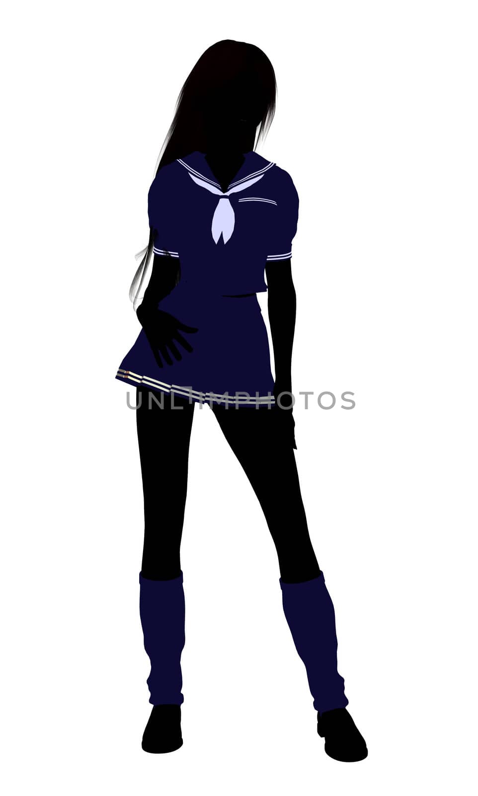 A girl silhouette dressed in a blue outfit on a white background