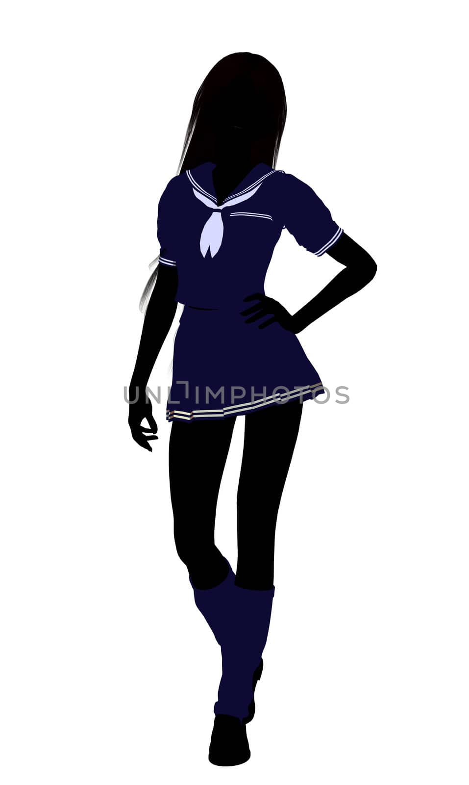 A girl silhouette dressed in a blue outfit on a white background