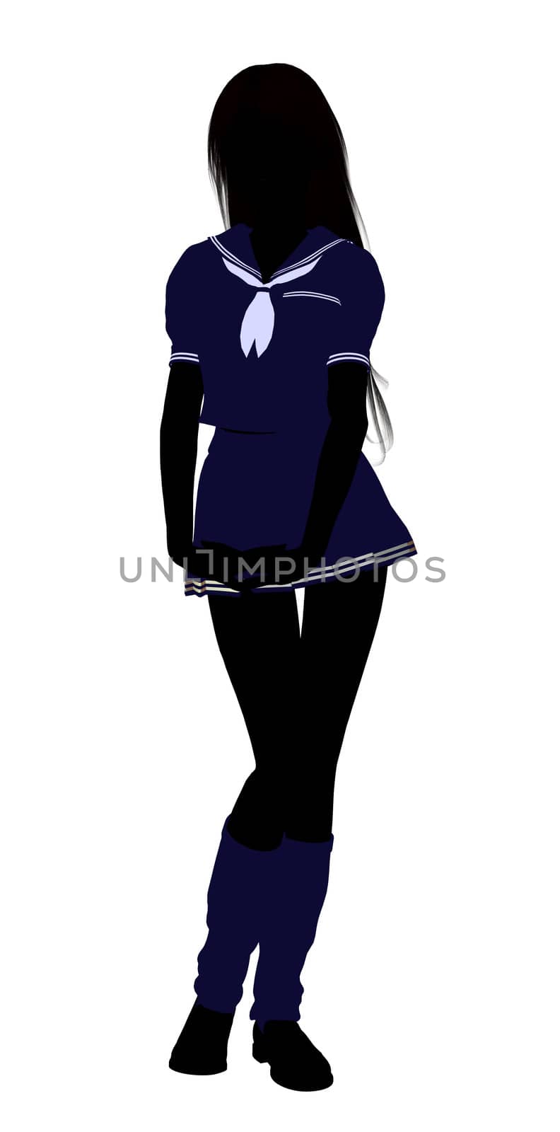 A girl silhouette dressed in a blue outfit on a white background