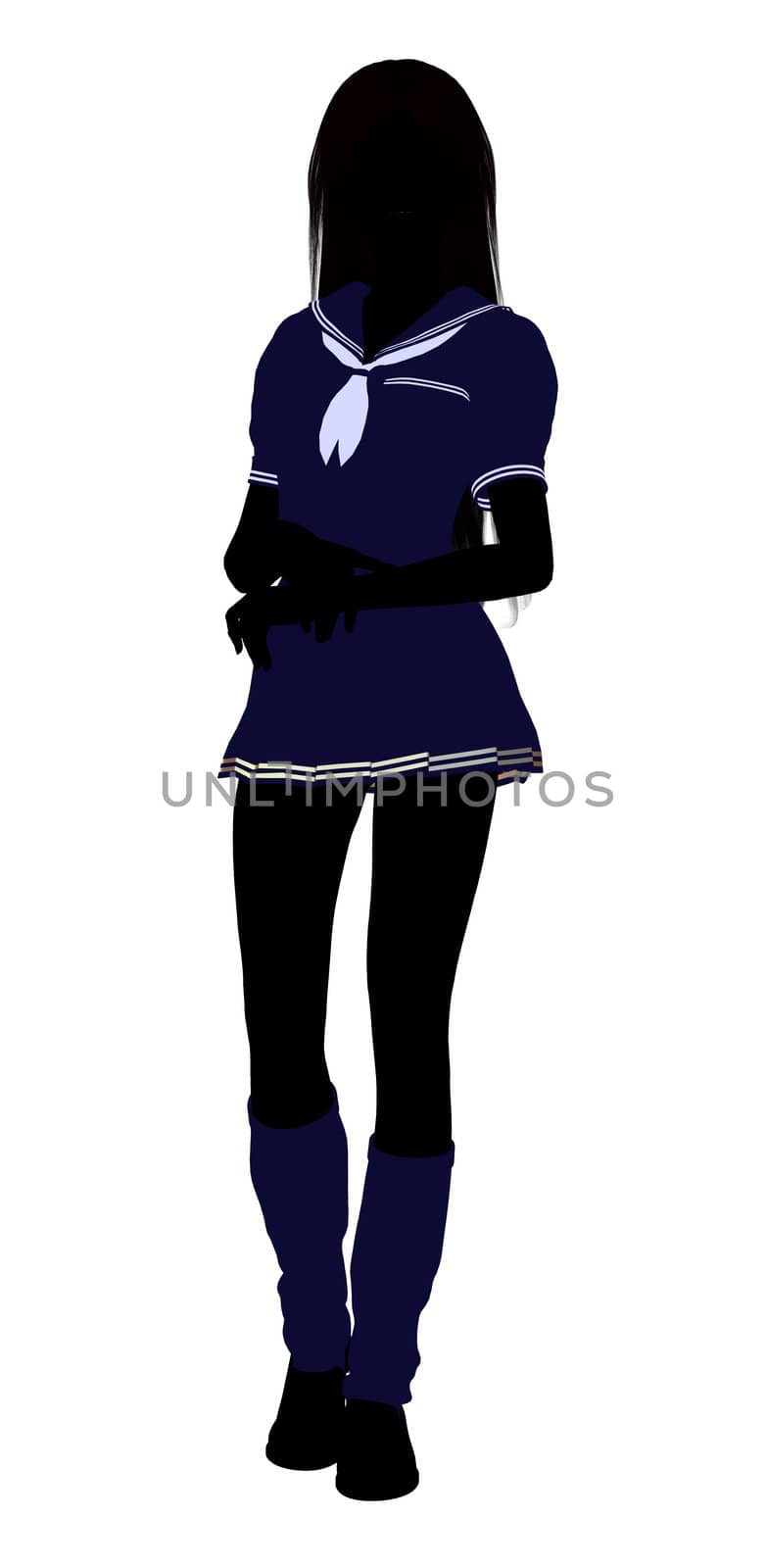 A girl silhouette dressed in a blue outfit on a white background