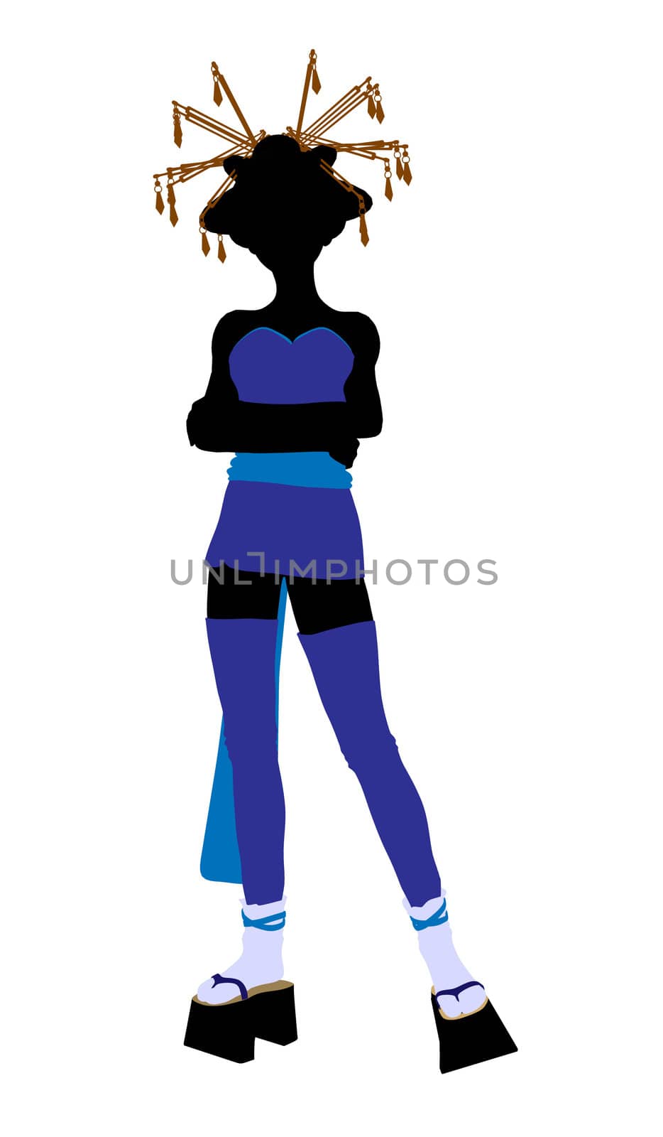 A geisha girl silhouette dressed in a blue outfit on a white background