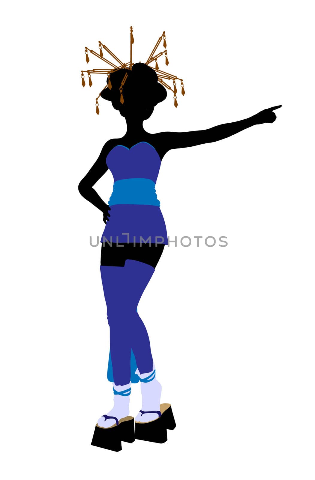 A geisha girl silhouette dressed in a blue outfit on a white background