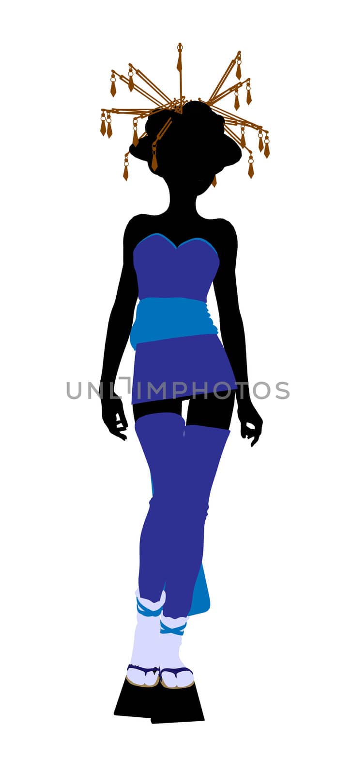 A geisha girl silhouette dressed in a blue outfit on a white background