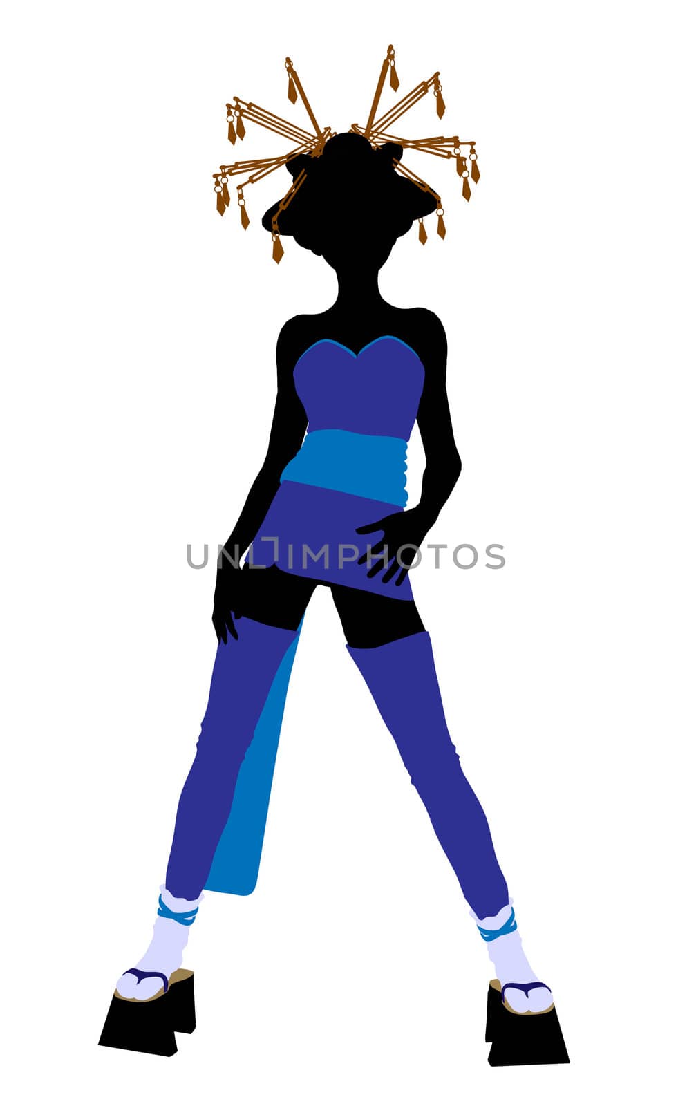 A geisha girl silhouette dressed in a blue outfit on a white background