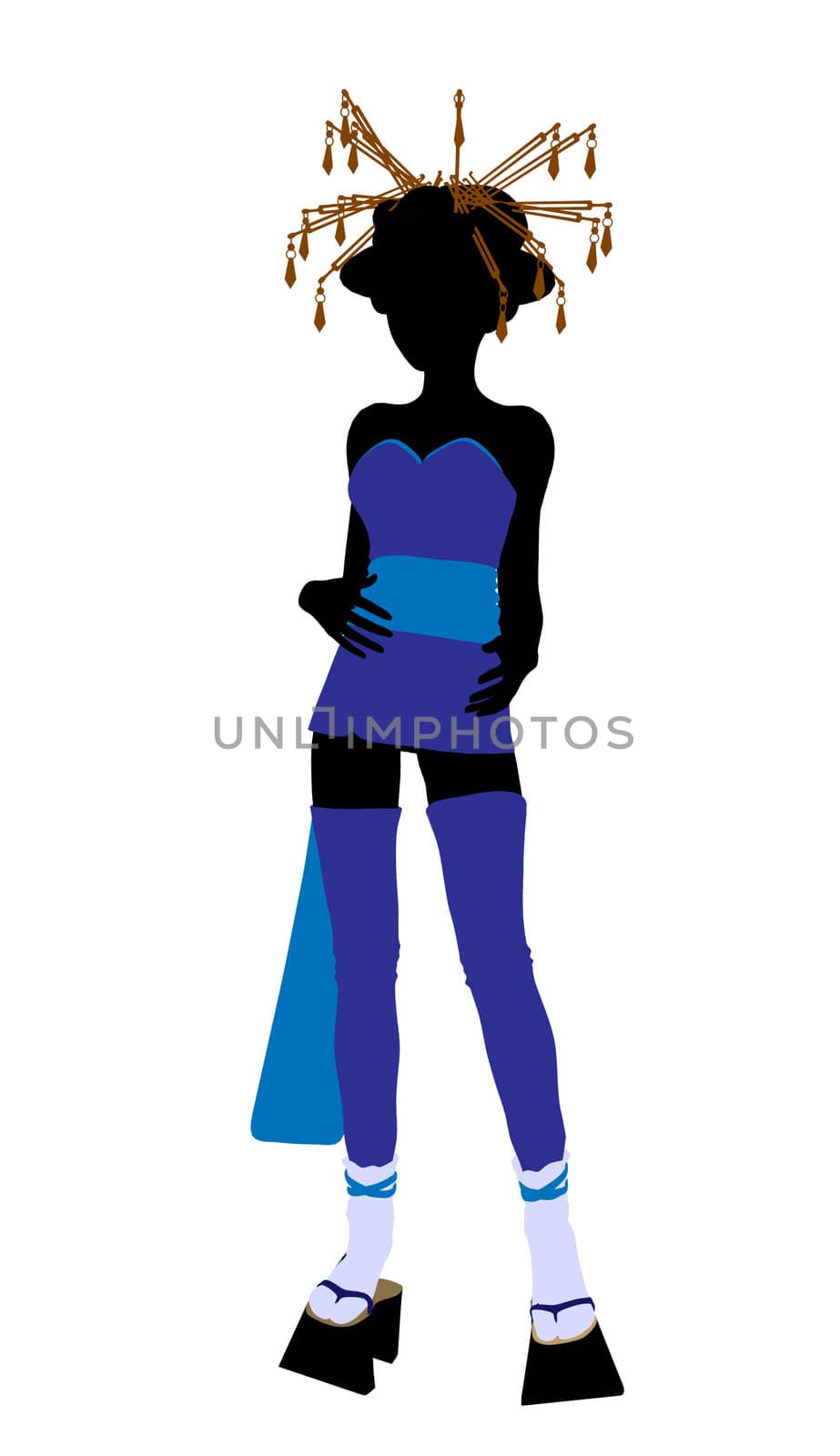A geisha girl silhouette dressed in a blue outfit on a white background
