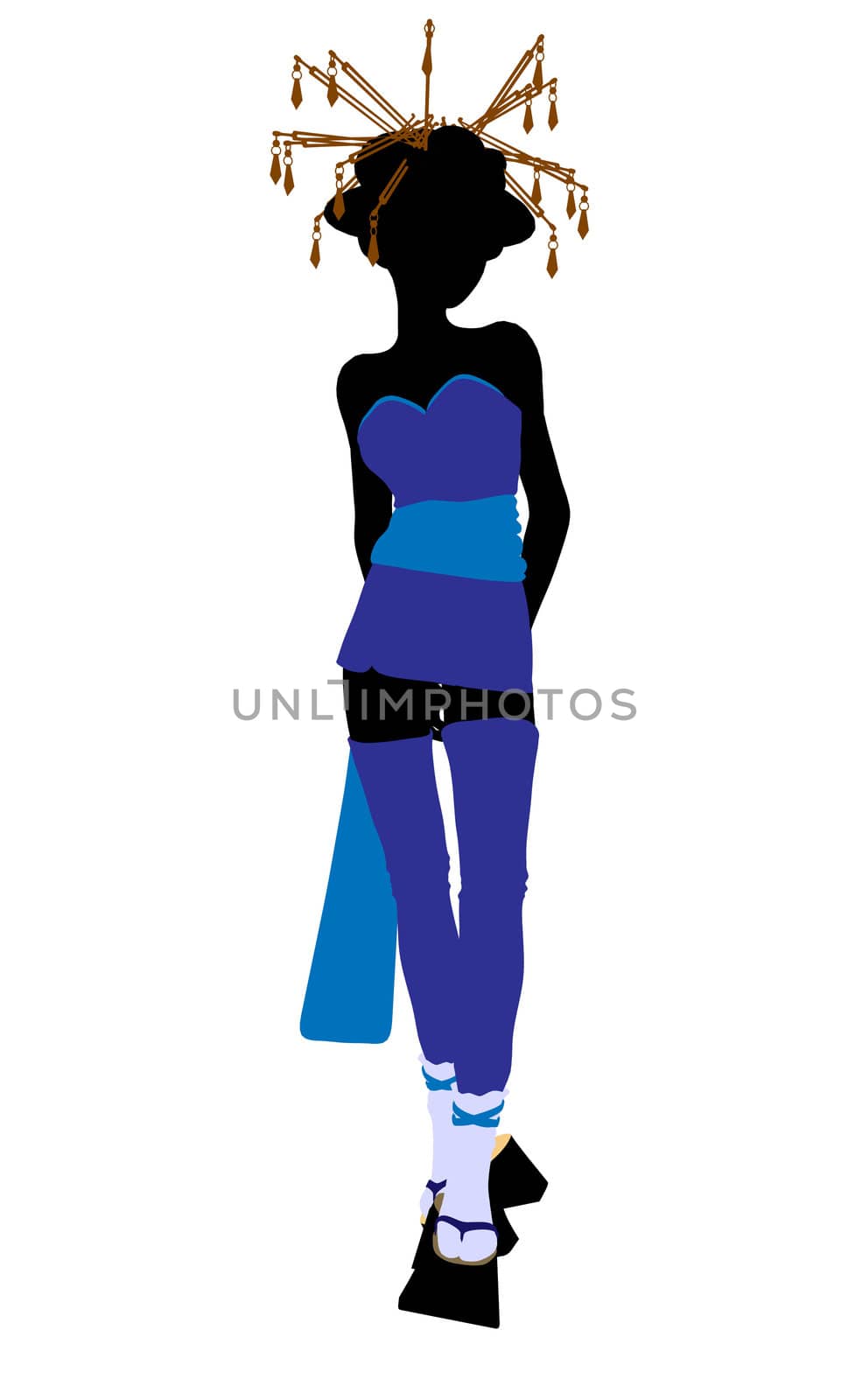 A geisha girl silhouette dressed in a blue outfit on a white background
