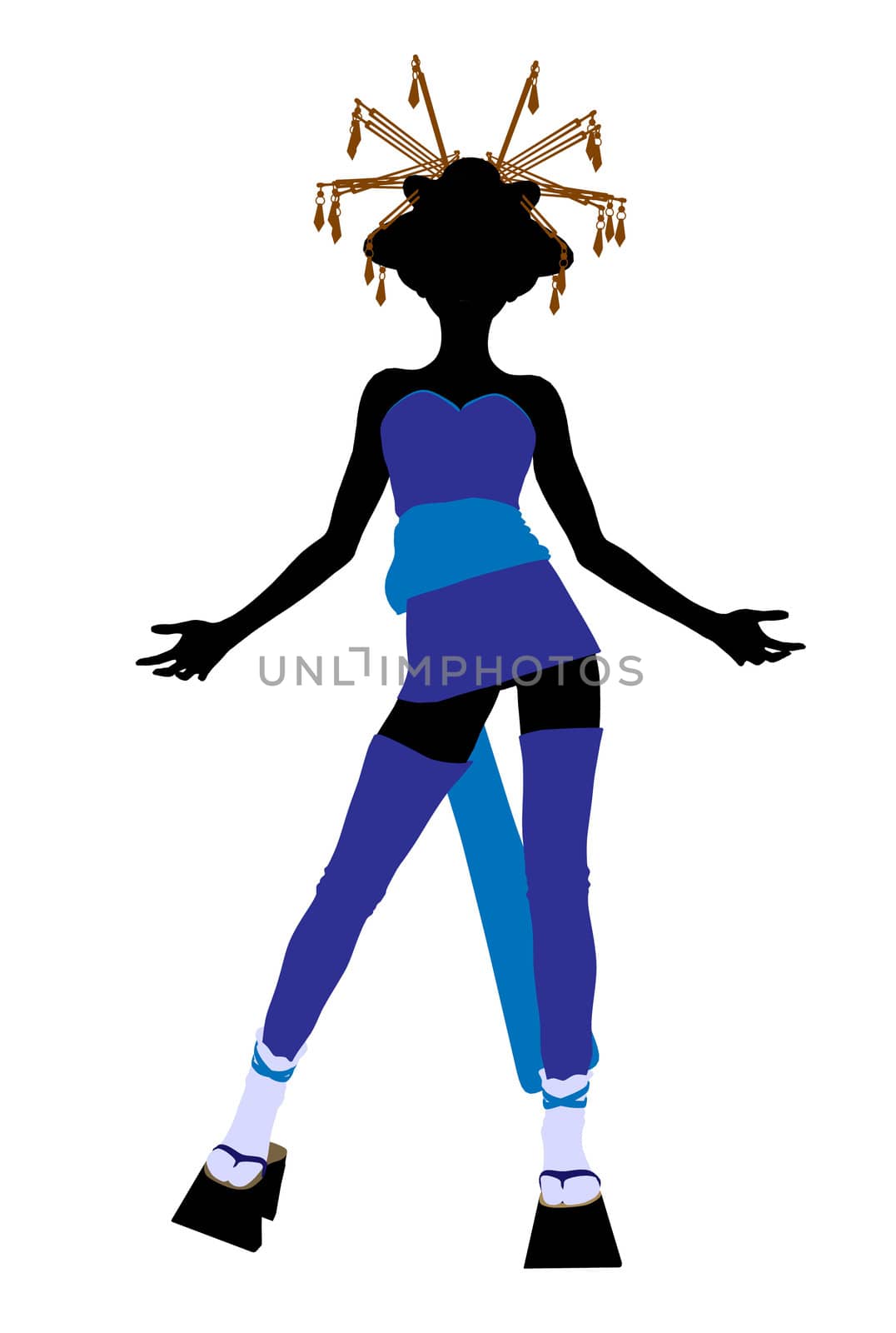 A geisha girl silhouette dressed in a blue outfit on a white background