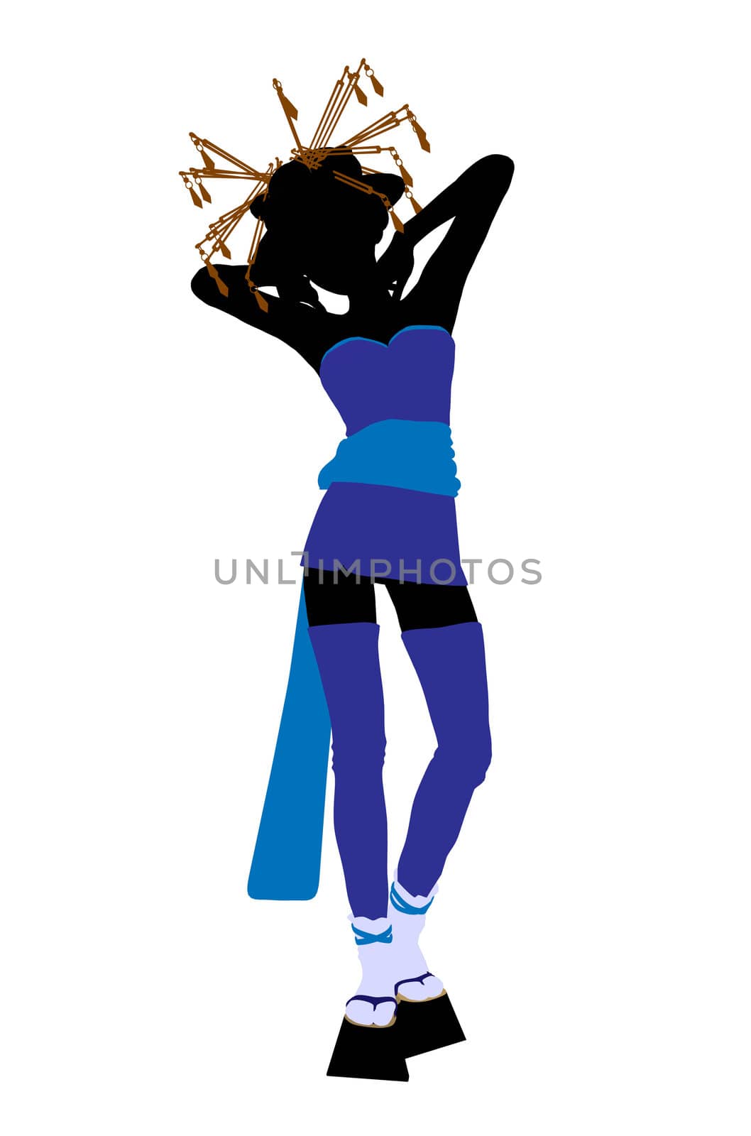 A geisha girl silhouette dressed in a blue outfit on a white background