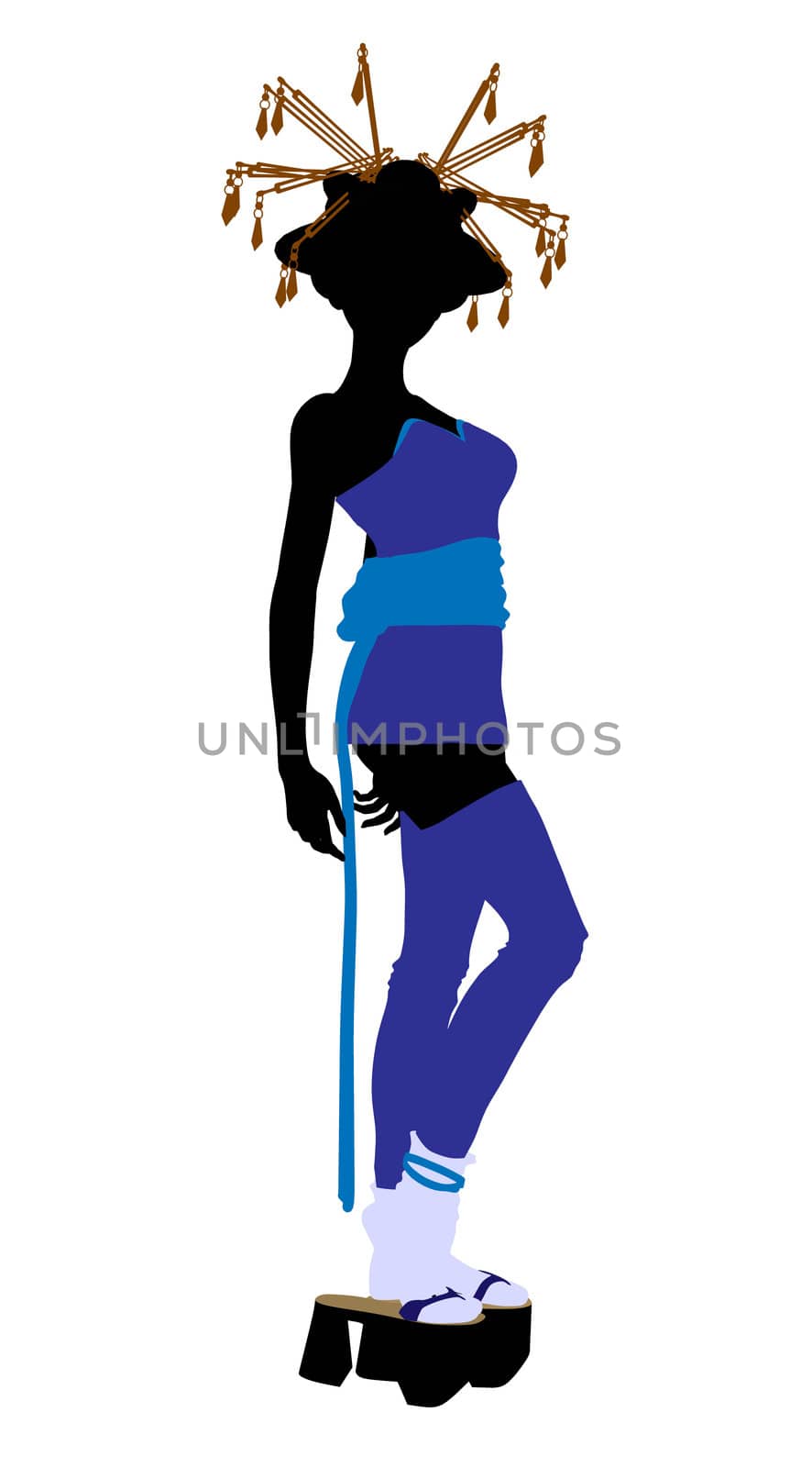 A geisha girl silhouette dressed in a blue outfit on a white background