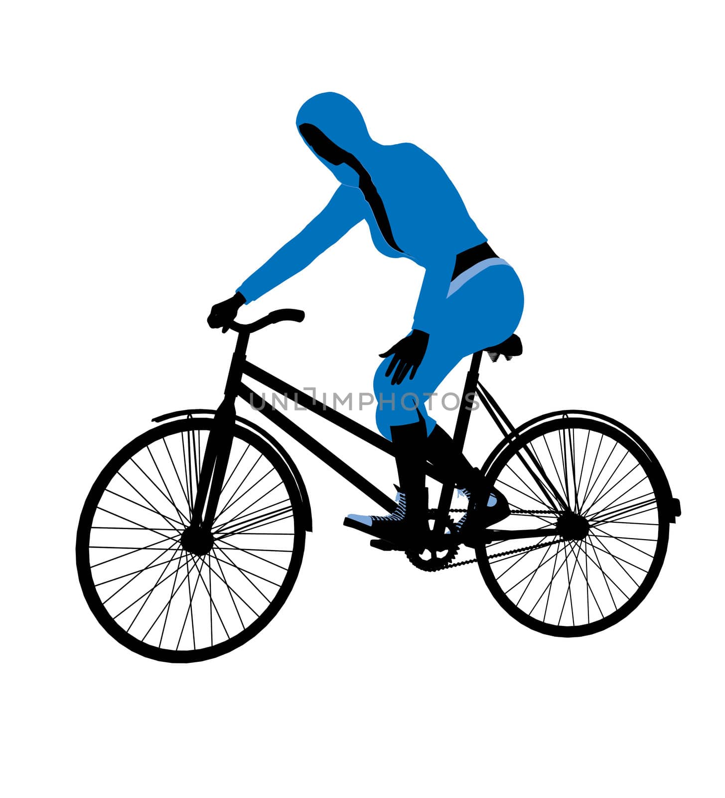 Female bicycle rider silhouette in a blue outfit on a white background