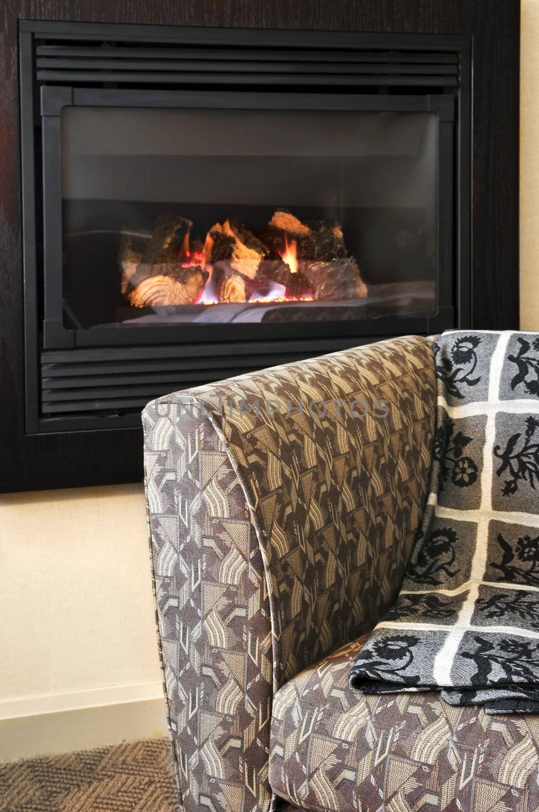 Fireplace and cozy armchair in living room